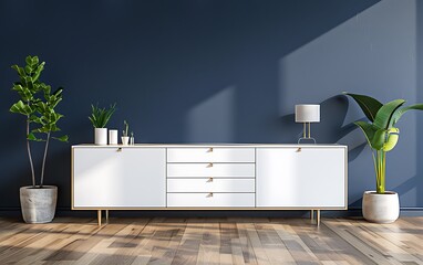 Modern interior design of a living room with a white cabinet and a dark blue wall background, wood floor