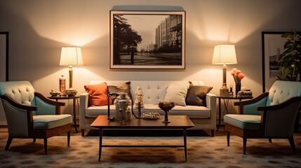 a well lit classic living room with two blank picture frames on the back wall