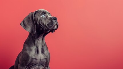 A happy Great Dane puppy sitting on a solid pastel red background with space above for text