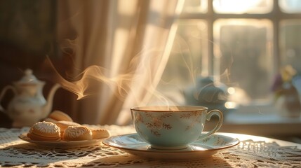 A serene afternoon tea scene with a delicate porcelain teacup filled with steaming Earl Grey tea