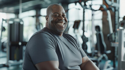 Fototapeta premium A vibrant man in a gray shirt smiles warmly in a bustling gym, representing positivity and a strong dedication to maintaining a healthy lifestyle.
