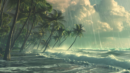 Tall, swaying palm trees bend under a dramatic rainstorm on a tranquil beach, waves crashing against the shore as the sky darkens with clouds.
