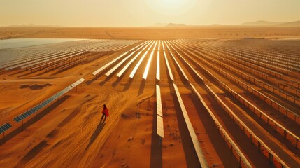 Outdoor solar panels produce electricity from sunlight as clean energy.