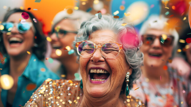 Group meeting senior friends enjoy having fun dinner party. - Powered by Adobe