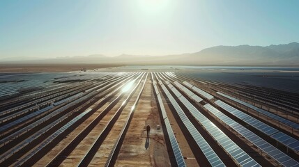 Outdoor solar panels produce electricity from sunlight as clean energy.
