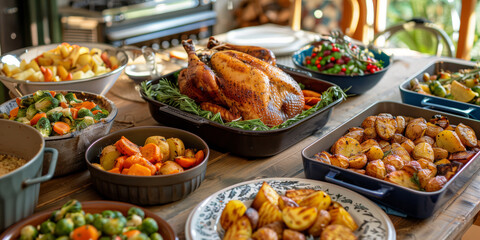 A bronze turkey is freshly cooked in the centre of the table