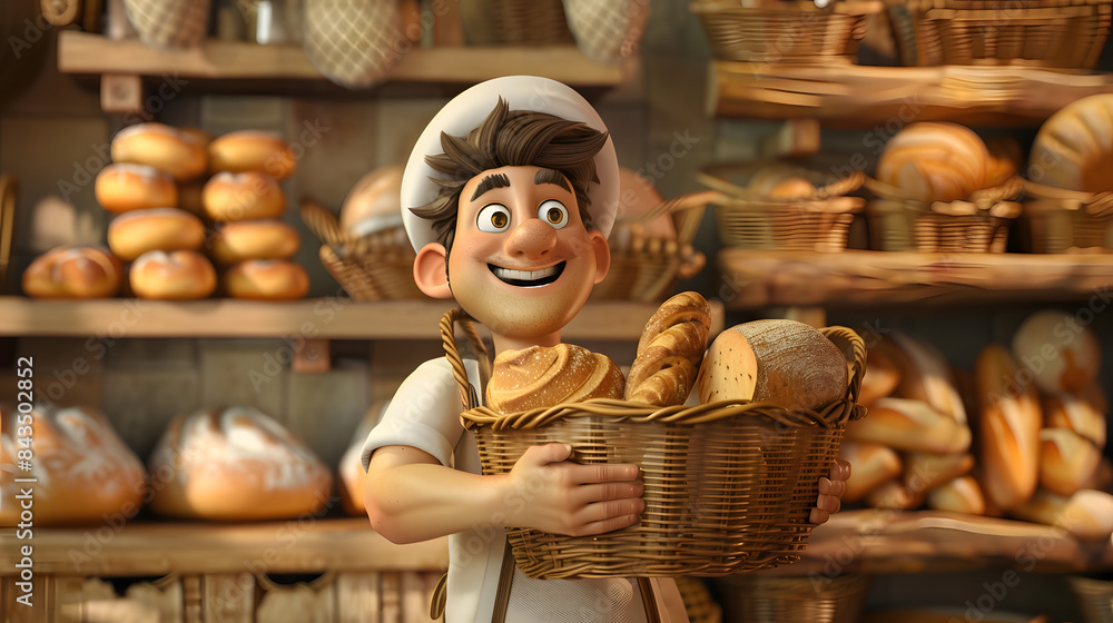 Poster 3d character baker with a basket of bread on a rustic bakery background