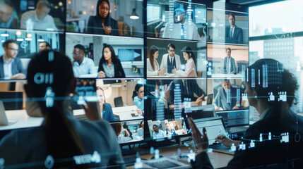 A diverse group of professionals engaged in a video conference call, with a futuristic digital interface overlay.
