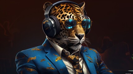 Painting of jaguar big cat as a poker player wearing