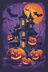 Graphic t-shirt design style halloween haunted house. Pumpkin heads. Purple background