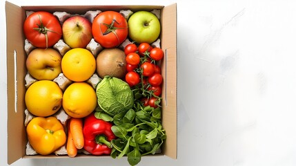 Neatly Packed Assortment of Fresh Colorful Fruits and Vegetables in Food Box on White Background