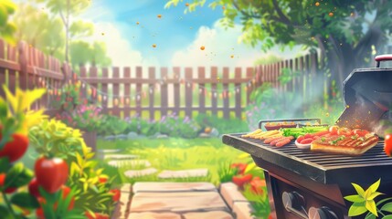 Sunny backyard with a barbecue grill - A vibrant backyard scene showcasing a barbecue grill with veggies and sausages grilling