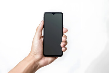 Man hand holding cell phone mock up isolated on white background