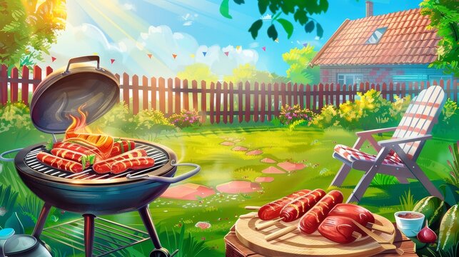 Digital illustration of a barbecue scene - A vibrant digital artwork featuring a barbecue grill with sausages in a sunny backyard setting