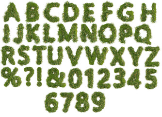 3D render of green grass and yellow flowers alphabet with transparent background