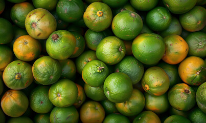 many green medan oranges, asia fruits wallpaper seen from above backdrop