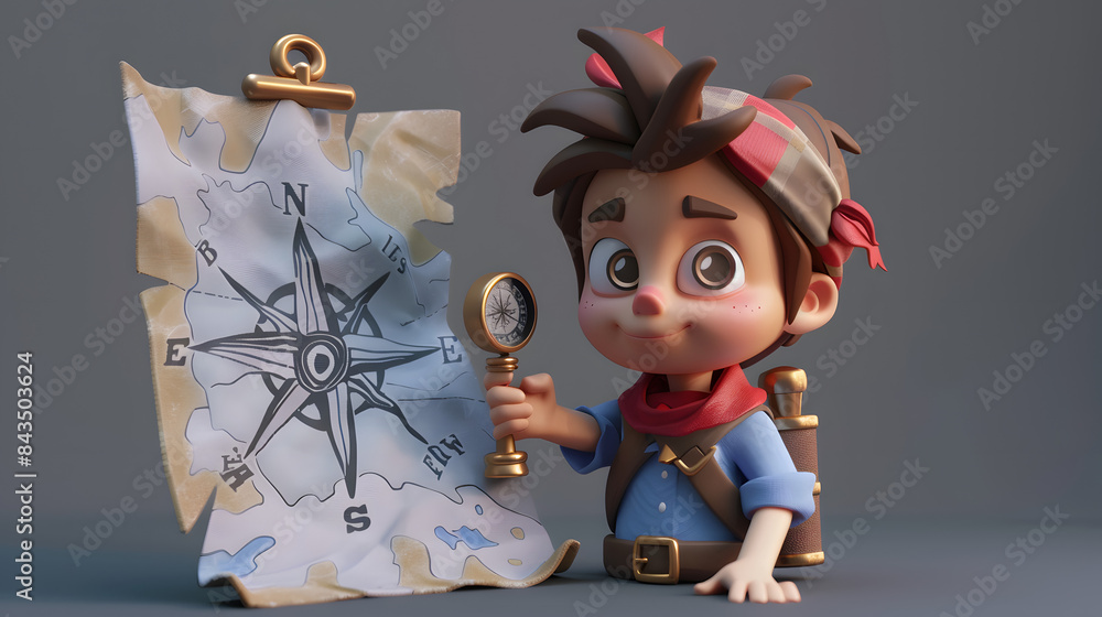 Poster 3d character boy with bandana and compass navigating a gray map. minimalism style. gray background.