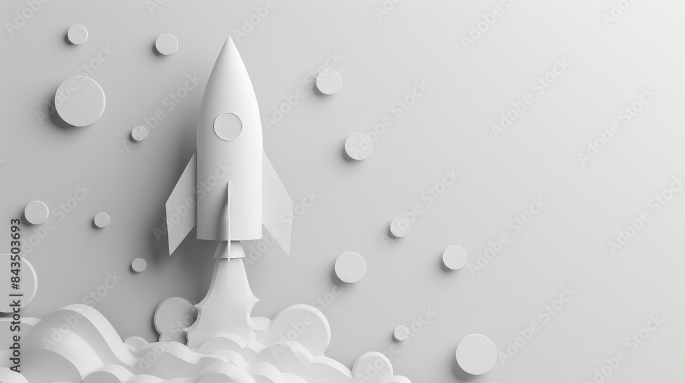 Poster paper rocket with clouds on textured grey backdrop - a creative representation with a paper rocket a