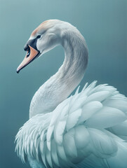 Fototapeta premium Majestic Swan on Pastel Blue Background - Graceful Waterfowl in Pristine,Minimalistic Setting