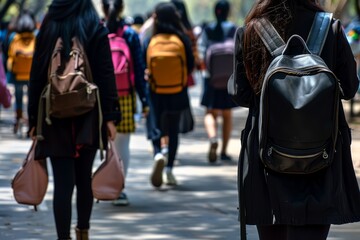 Fototapeta premium Students walking in campus environment - A group of students with backpacks walking away from the camera in what looks like a school environment, showcasing diversity and youth culture
