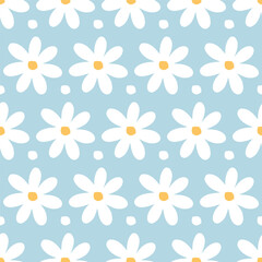 Seamless pattern with daisy flower and small white spots . Cute floral print repeating background. Flat vector illustration isolated on blue 