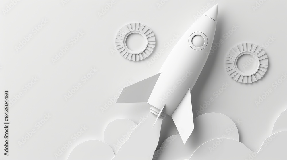 Poster paper rocket launching with clouds on gray - a paper rocket with circular windows is shown mid-launc