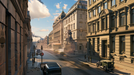 Fototapeta premium A serene, historic city street with classic architecture and minor traffic, bathed in the warm glow of a setting sun.