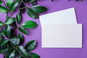 Flat lay top view of assorted blank stationery items creatively arranged on a vibrant purple background, enhanced by lush green foliage for a vibrant aesthetic. The minimalist design and mockup