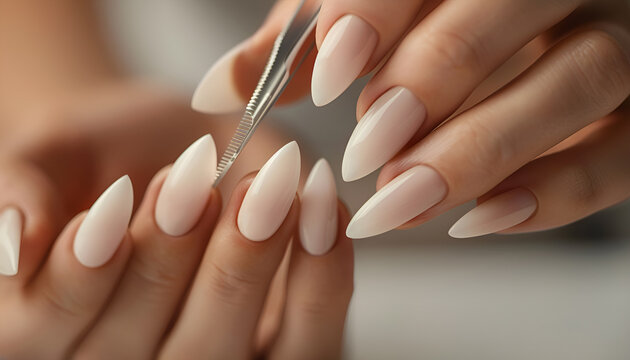 Young woman hands in a nail salon, which the manicure master files the nails with a nail file, giving them shape
