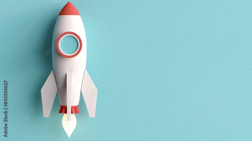 Poster paper rocket on a bright teal background - a simplistic paper rocket with red and white details is p