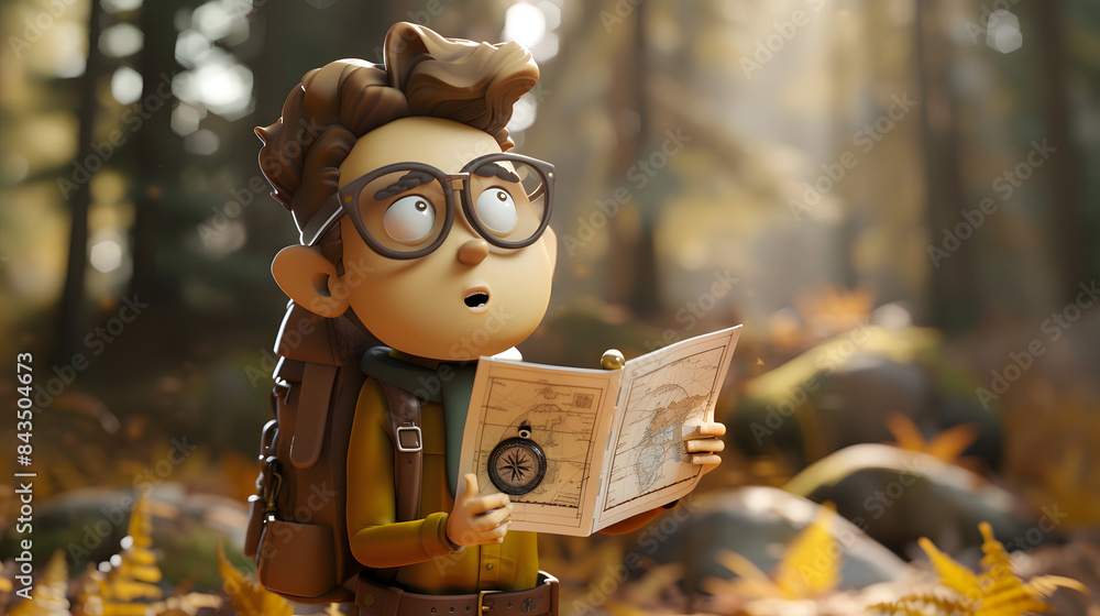 Poster 3d character explorer with a map and compass on a brown forest background