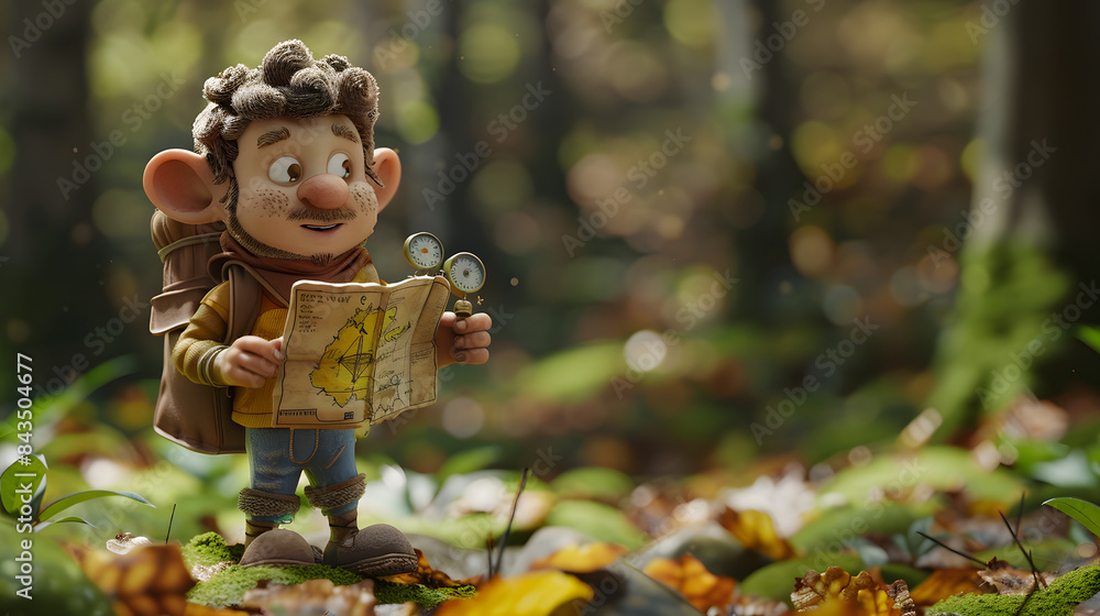 Poster 3d character explorer with a map and compass on a brown forest background