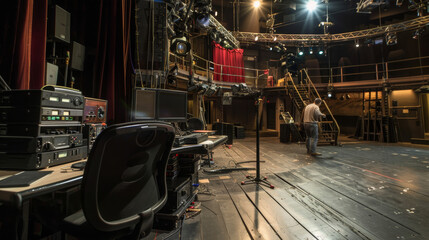 A nearly empty stage with various control equipment, lights, and microphones, depicting the quiet, pre-show moments in a theater.