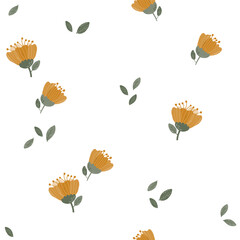 Vector illustration and Seamless pattern with flowers and leaves. Light background seamless pattern with multi-colored. Muted colors. Small drawing. Lots of air. Trendy colors and style.