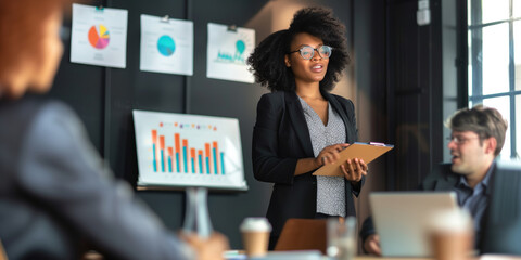 A person measuring business results and communicating it to their team in the boardroom