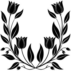 Tulips forming an elegant border, with delicate leaves and vines intermingled. on white background