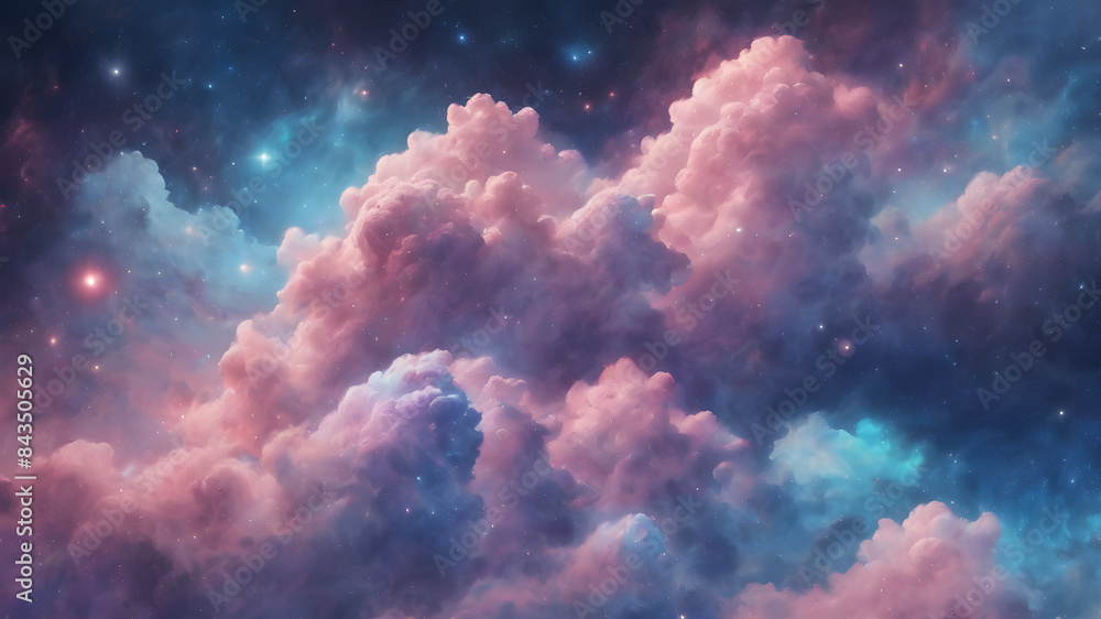 Wall mural Beautiful pink clouds in space, cosmic abstract background, fluffy pink clouds and stars in space