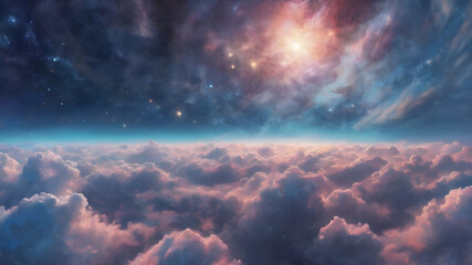 Obraz premium Beautiful pink clouds in space, cosmic abstract background, fluffy pink clouds and stars in space