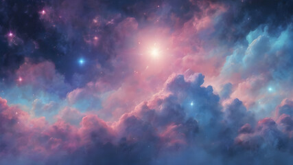 Fototapeta premium Beautiful pink clouds in space, cosmic abstract background, fluffy pink clouds and stars in space