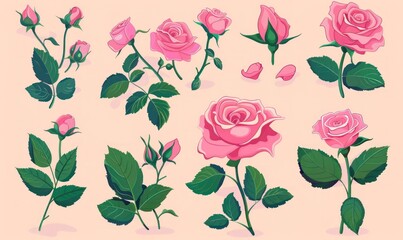 illustration of pink rose flowers and leaves set, elegant and romantic floral design for decorative purposes Generative ai