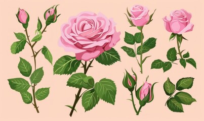 illustration of pink rose flowers and leaves set, elegant and romantic floral design for decorative purposes Generative ai