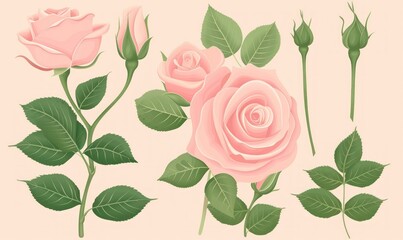illustration of pink rose flowers and leaves set, elegant and romantic floral design for decorative purposes Generative ai