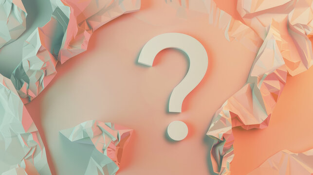 A question mark surrounded by crumpled paper on a colorful gradient background, symbolizing confusion, queries, or brainstorming ideas.
