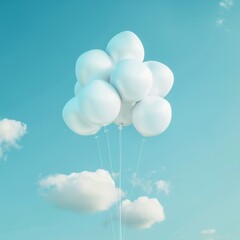 An illustration of an amount of white gas balloons that are not tethered and floating in the air, surrounded by some magnificent scenery and clouds.