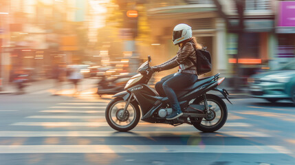 A motorcyclist wearing a helmet and a leather jacket rides swiftly through a city street at dusk, capturing the essence of urban freedom and movement.