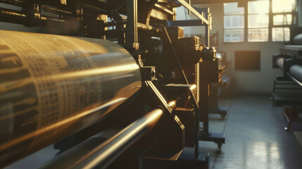 Fototapeta premium Industrial printing press bathed in evening light, featuring large rolling drums and intricate mechanical components.