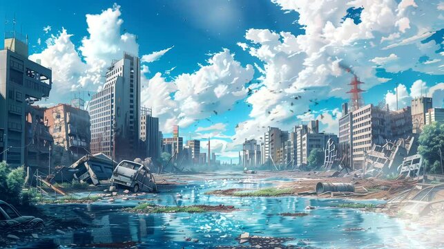 The city was abandoned after the disaster. Anime or digital painting style, looping 4k video animation background