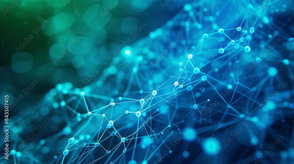 Poster abstract image of a blockchain network visualizing connections and nodes, colors blue and green ::3 
