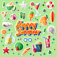 happy summer sticker illustration set