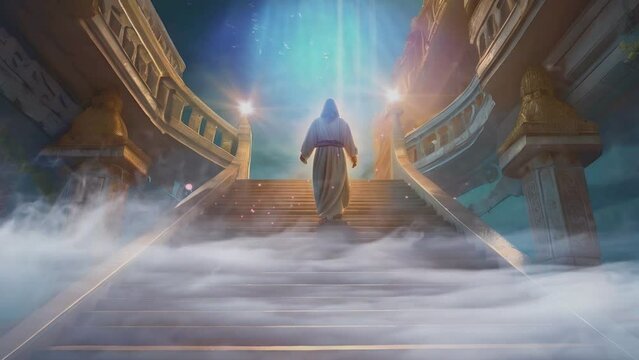 Jesus walking up the stairs of the fantasy heavenly palace, seamless looping time lapse virtual 4k video animation background.